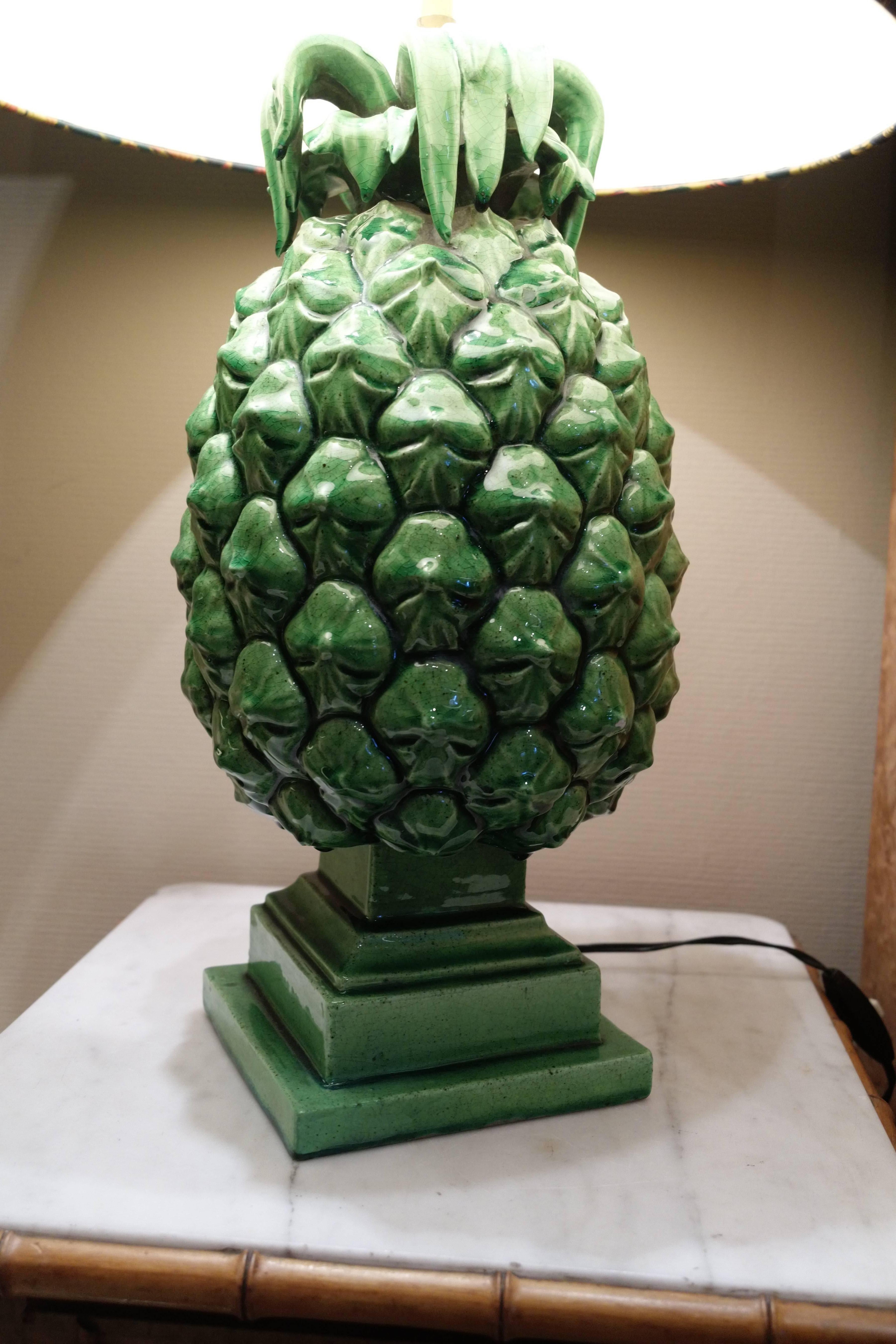 Pair of Two Green Ceramic Pineapple Table Lamps, circa 1970, 20th Century In Good Condition In Paris, FR