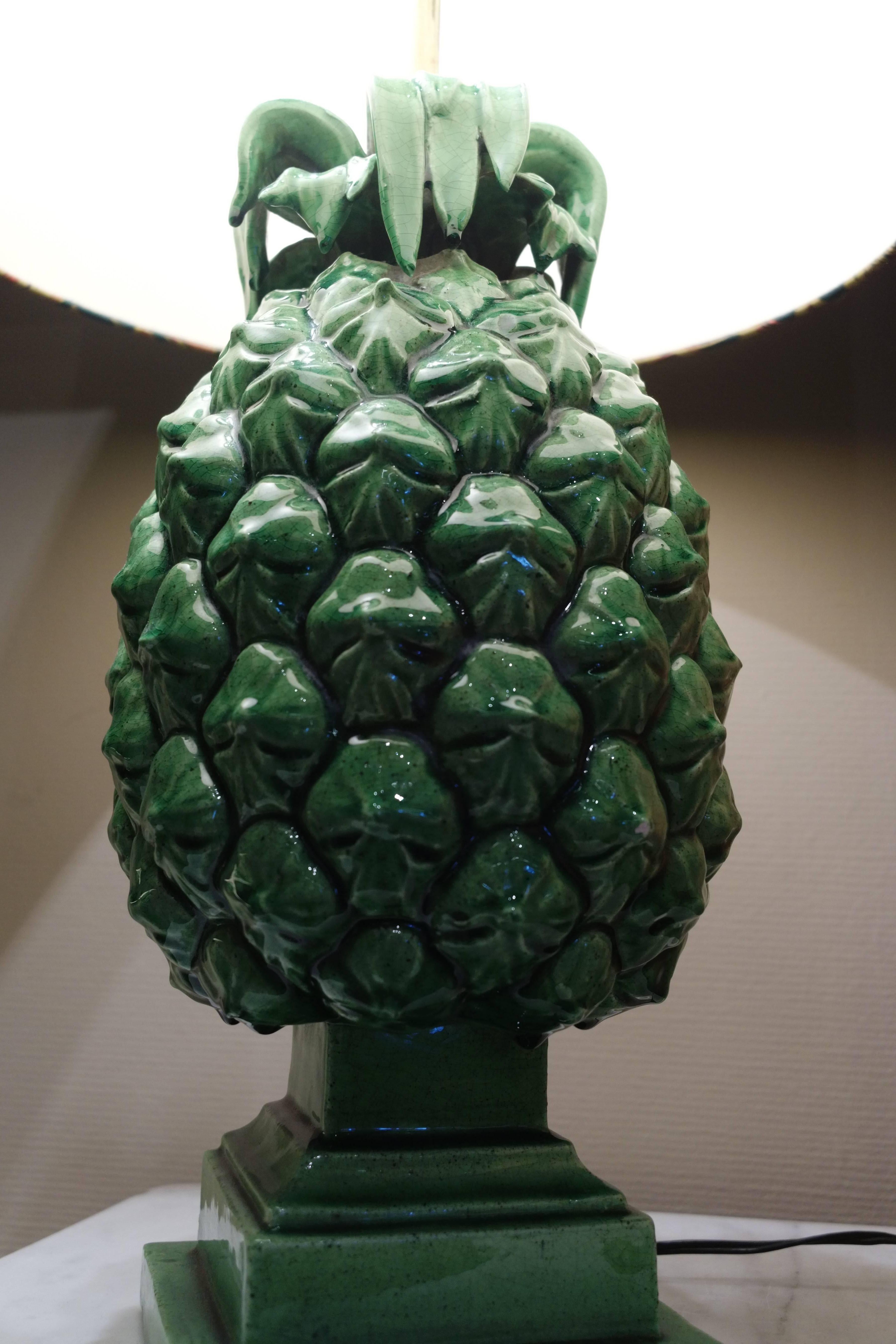 Late 20th Century Pair of Two Green Ceramic Pineapple Table Lamps, circa 1970, 20th Century