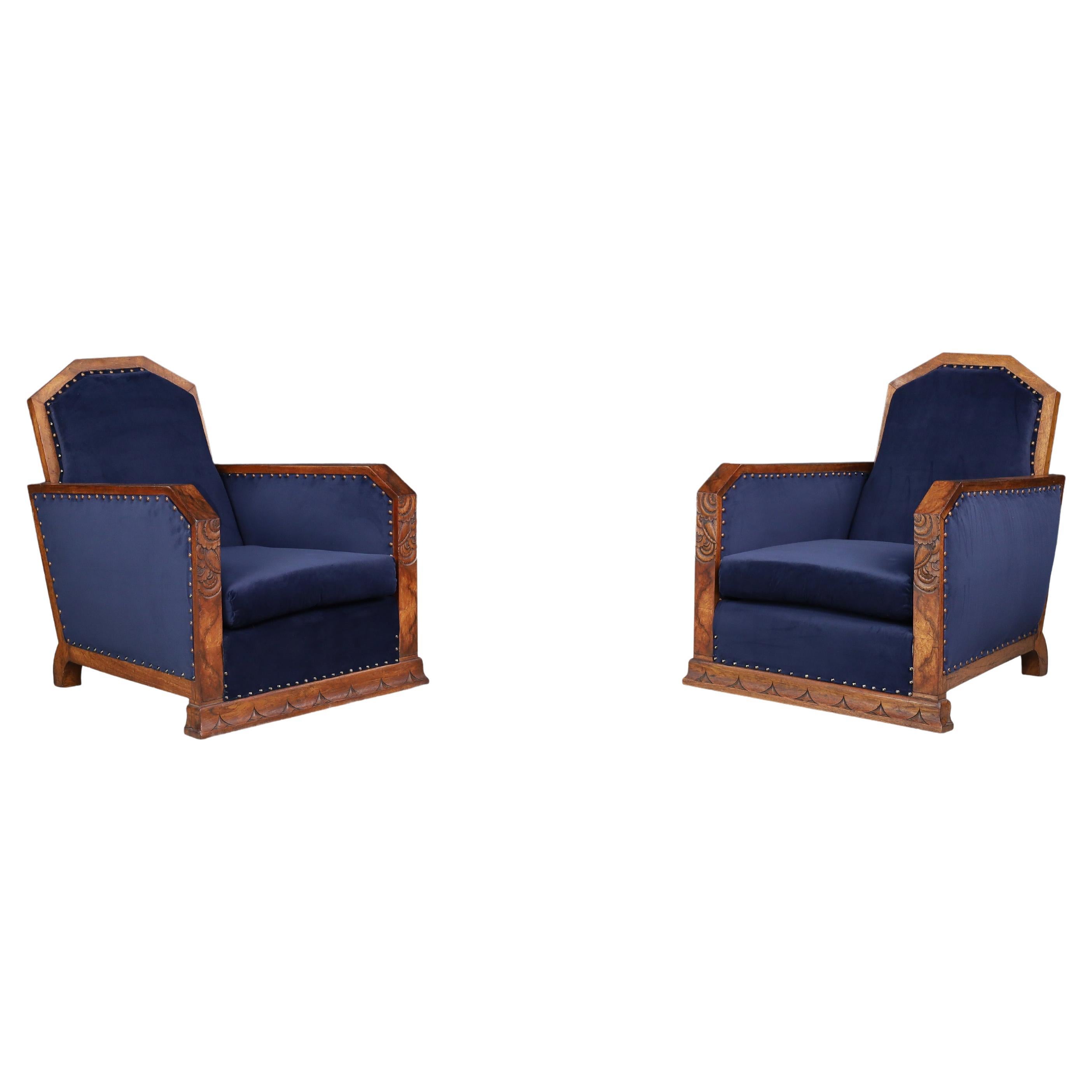 Paire de fauteuils Art Déco en chêne et velours, France, années 1930