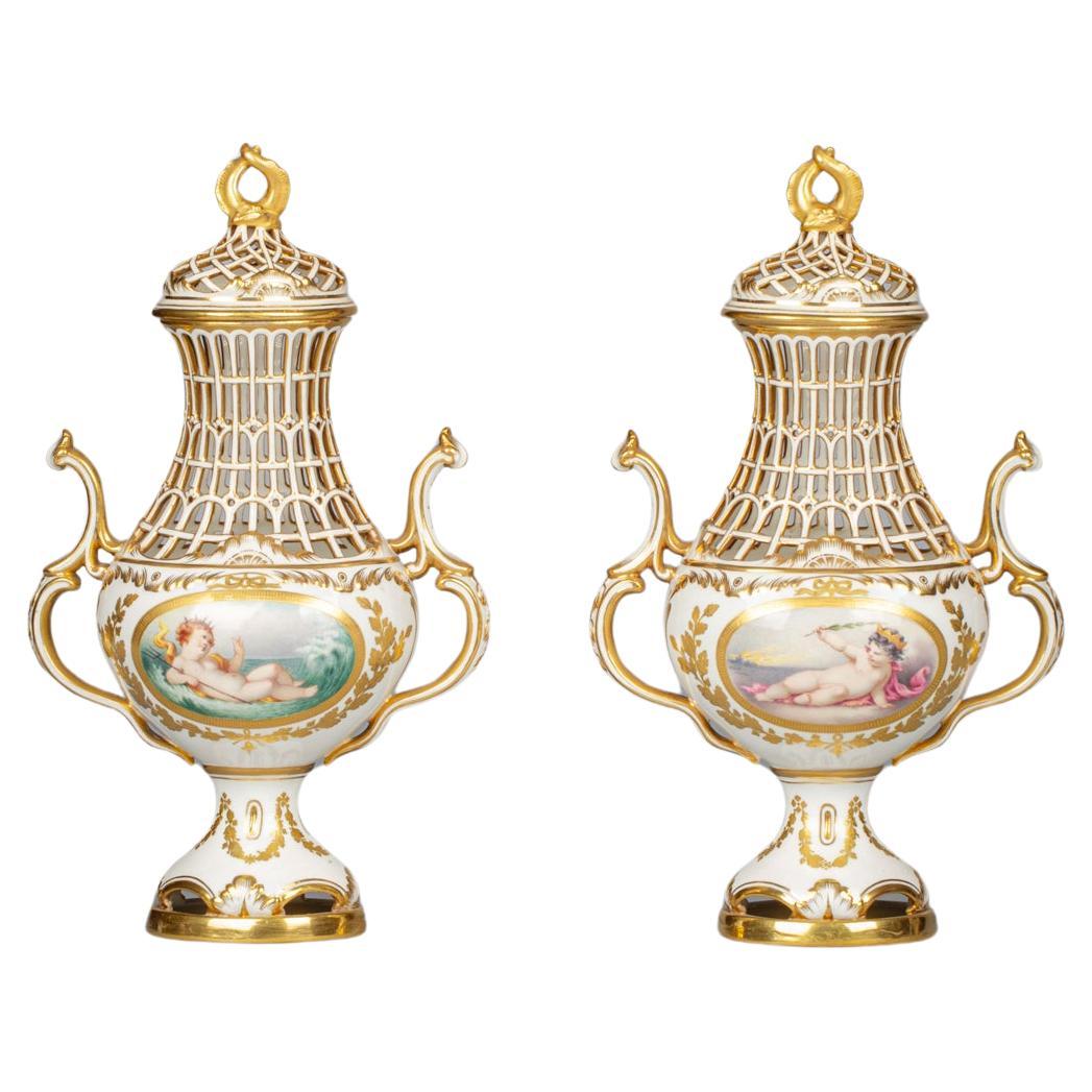 Pair of Two-Handled Reticulated Porcelain Covered Vases, Minton, circa 1890 For Sale