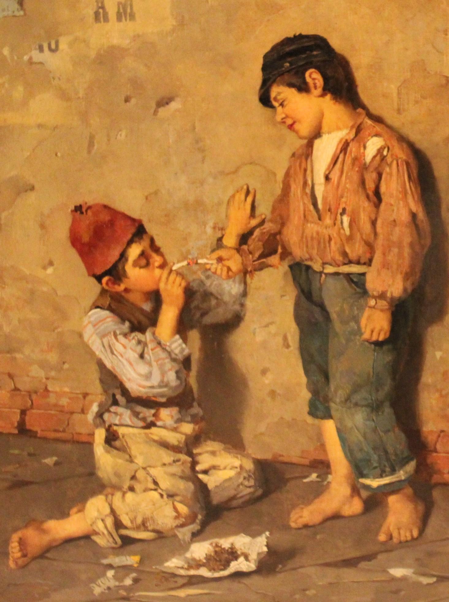 Paire de deux tableaux de Giulio del Torre représentant deux enfants en train de jouer
Huile sur bois
H. 24cm x L. 18cm x P. 1 cm
Fin du 19e siècle, Italie 
