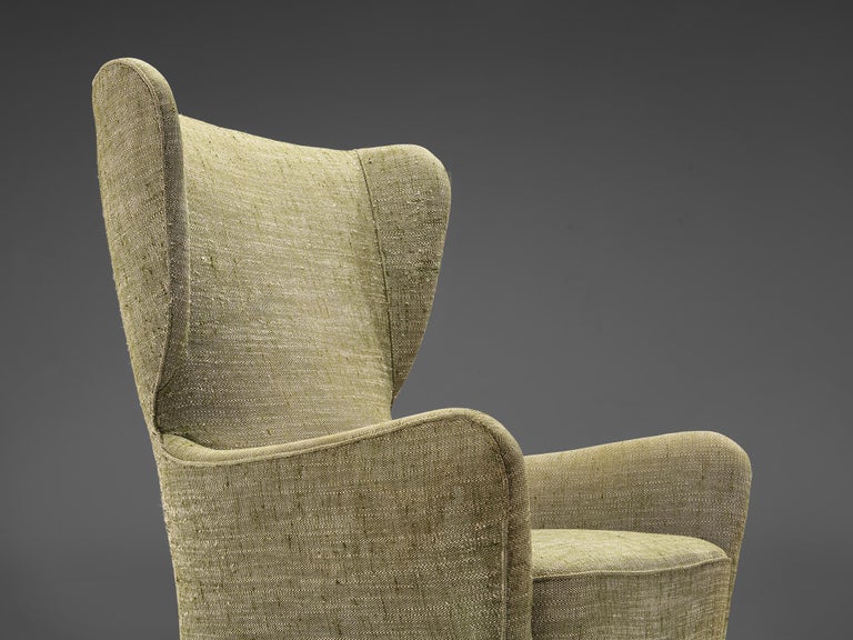 Italian Pair of Wingback Chairs in Olive Green Upholstery For Sale at