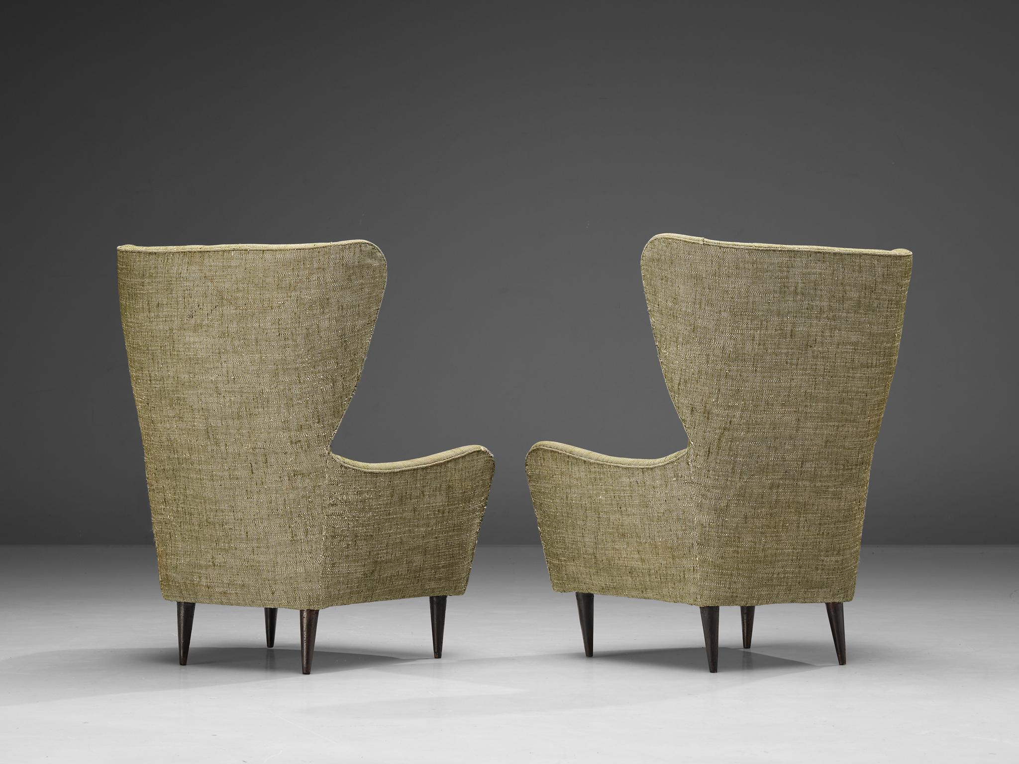 Mid-Century Modern Italian Pair of Wingback Chairs in Olive Green Upholstery