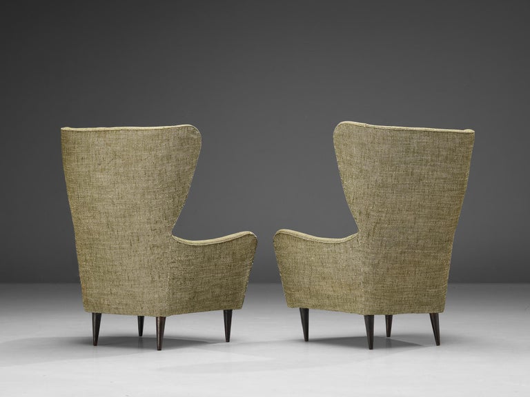 Italian Pair of Wingback Chairs in Olive Green Upholstery For Sale at