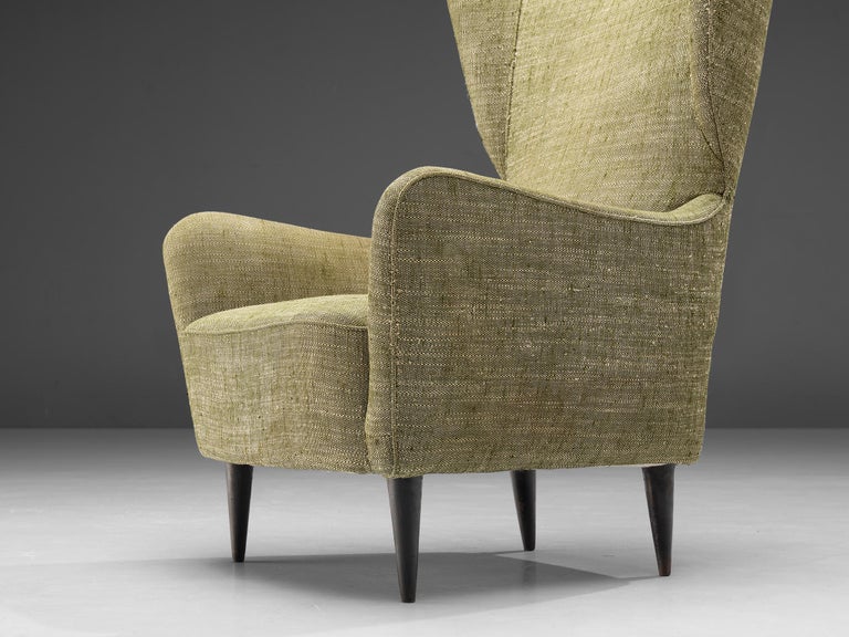 Italian Pair of Wingback Chairs in Olive Green Upholstery For Sale at