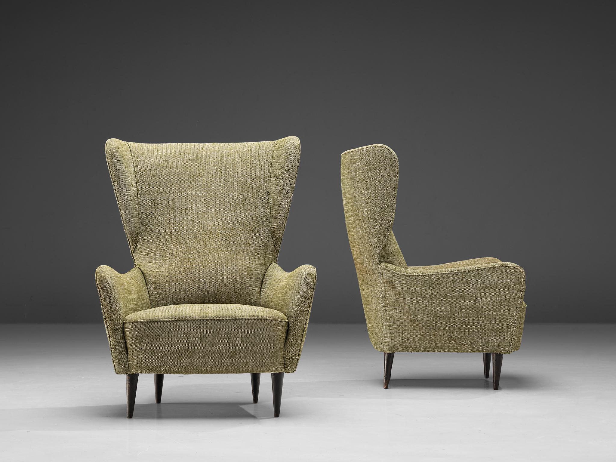 Mid-20th Century Italian Pair of Wingback Chairs in Olive Green Upholstery