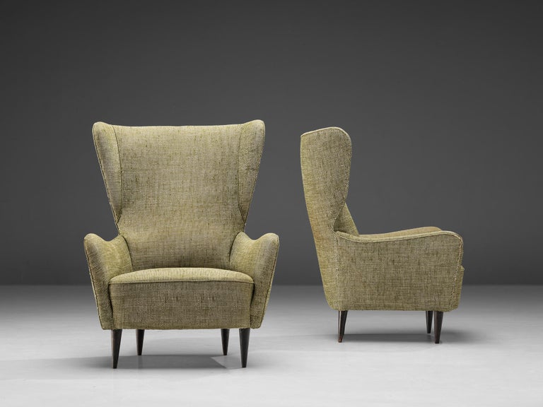 Italian Pair of Wingback Chairs in Olive Green Upholstery For Sale at
