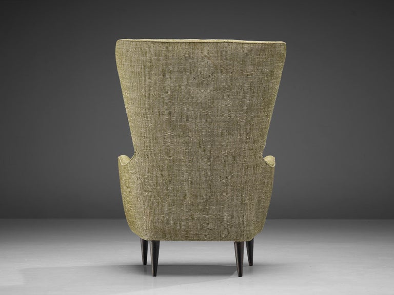 Italian Pair of Wingback Chairs in Olive Green Upholstery For Sale at