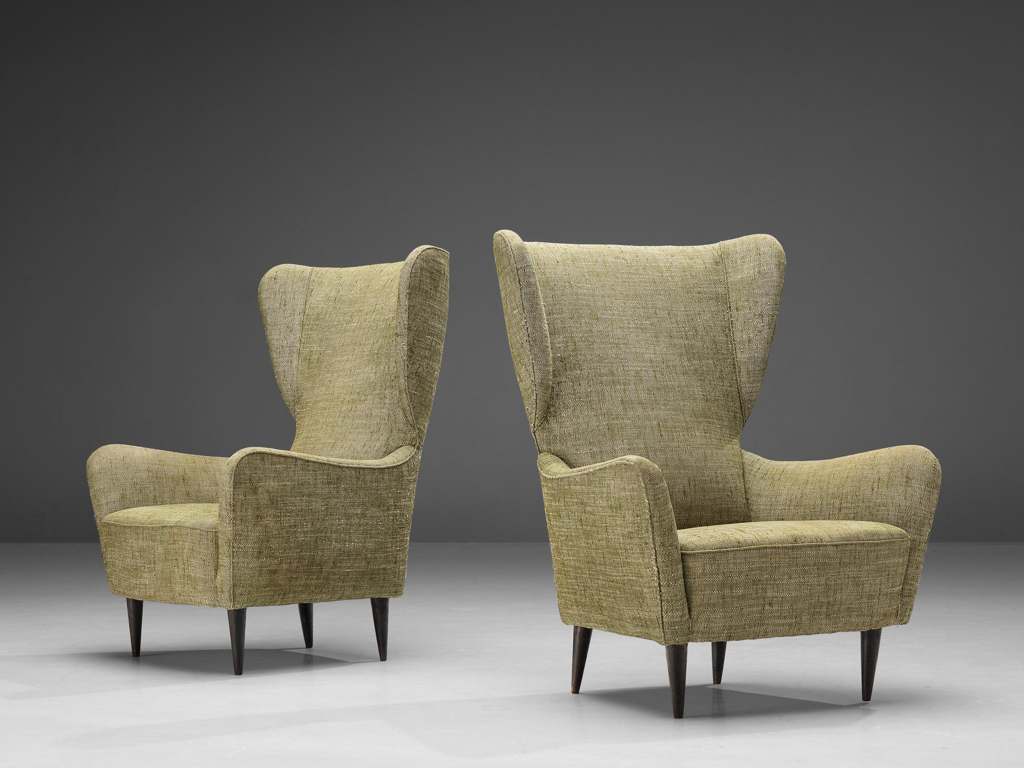 Italian Pair of Wingback Chairs in Olive Green Upholstery 1