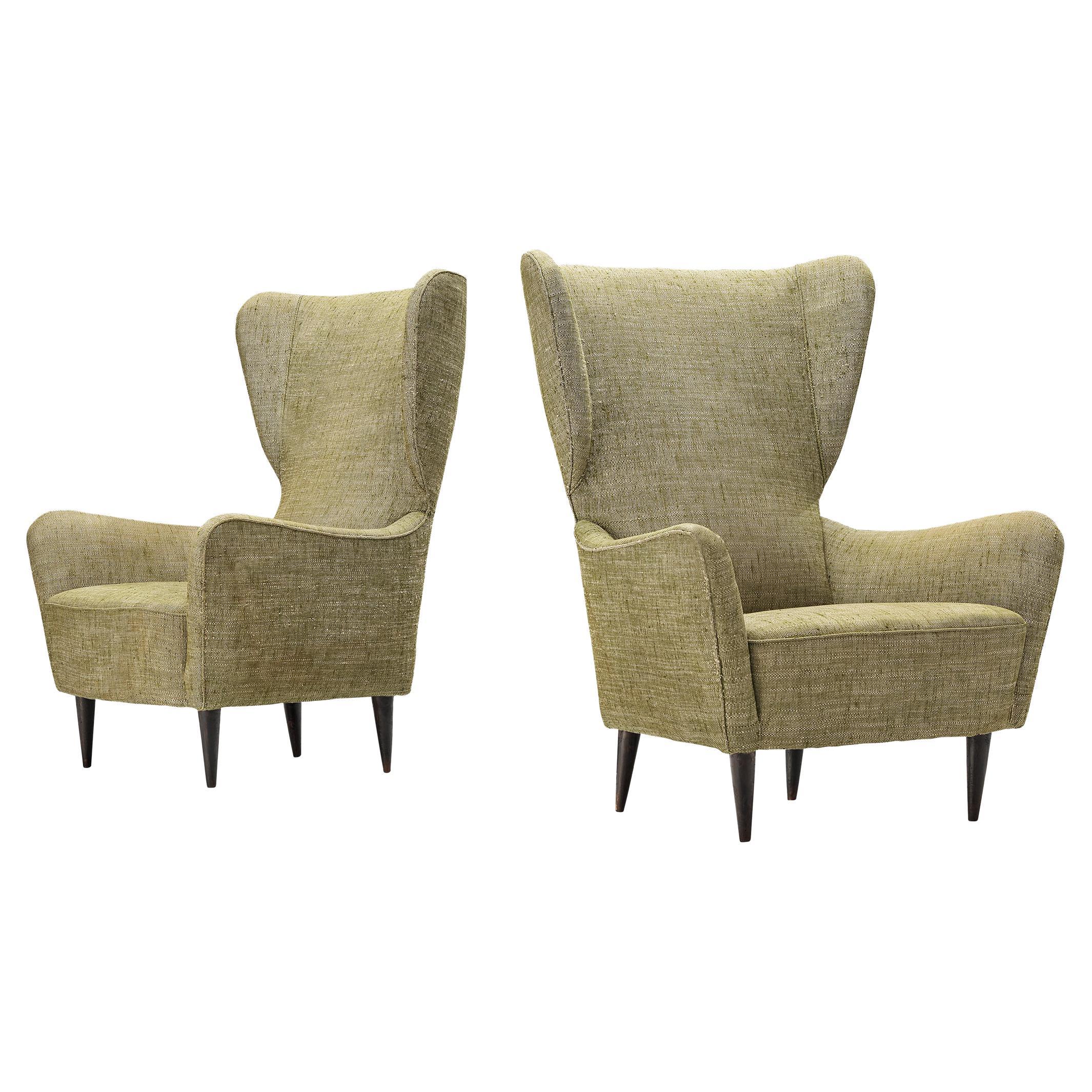 Italian Pair of Wingback Chairs in Olive Green Upholstery