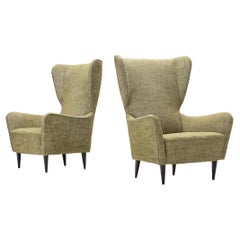 Pair of Two Italian Wingback Chairs in Olive Green Upholstery