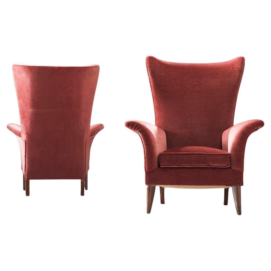 Pair of Two Italian Wingback Chairs in Red Velvet Upholstery For Sale