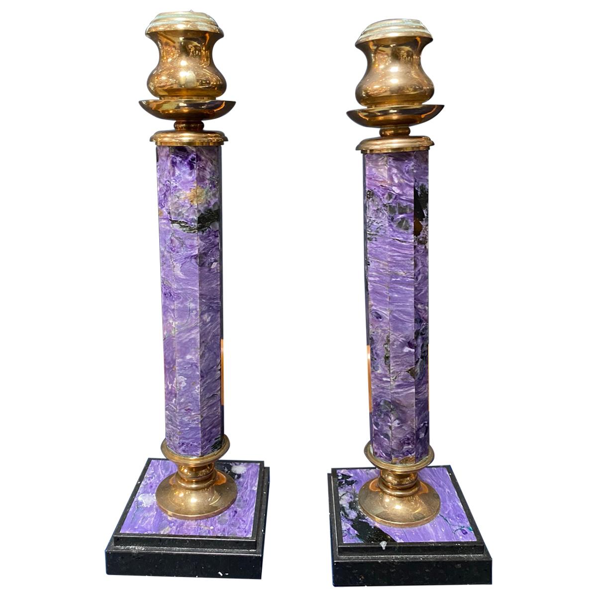 Pair of Two Lapis Lazuli and Brass Candlesticks, Italy, 1970s