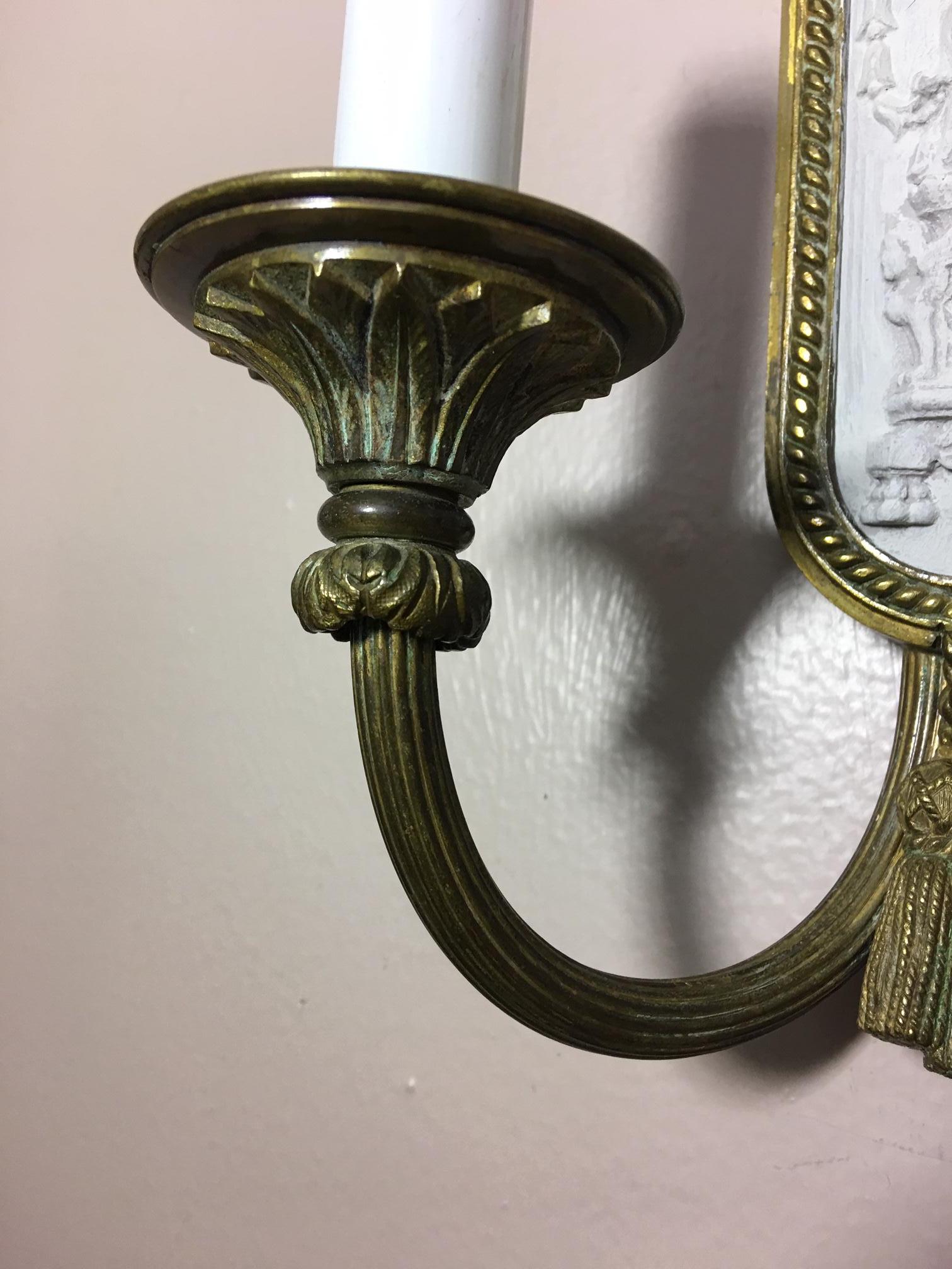 Pair of Two-Light Brass Ribbon Top Sconces with Painted Back, 20th Century 4