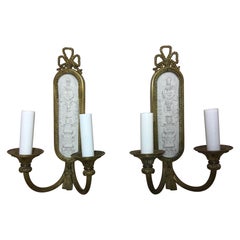 Pair of Two-Light Brass Ribbon Top Sconces with Painted Back, 20th Century