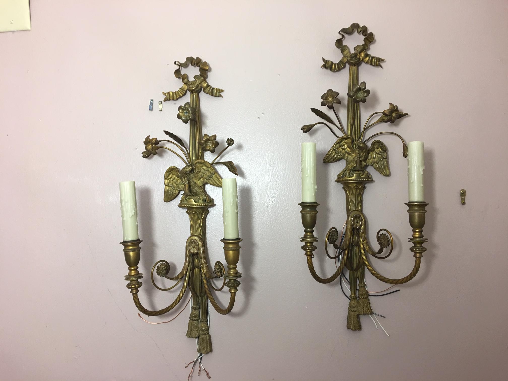 French Pair of Two Light Bronze and Eagle Motif Sconces, Late 19th Century