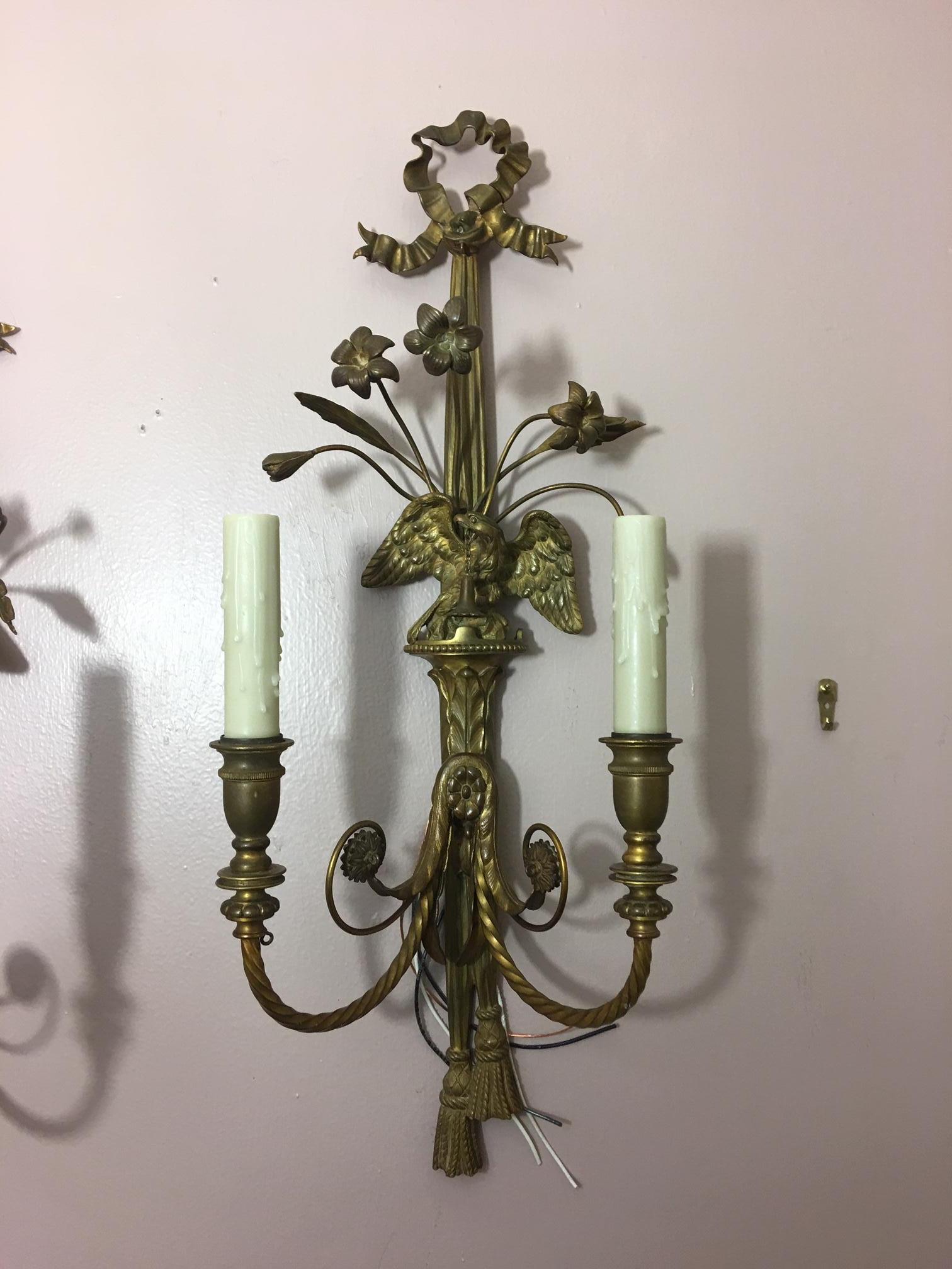 Pair of Two Light Bronze and Eagle Motif Sconces, Late 19th Century In Good Condition In Savannah, GA