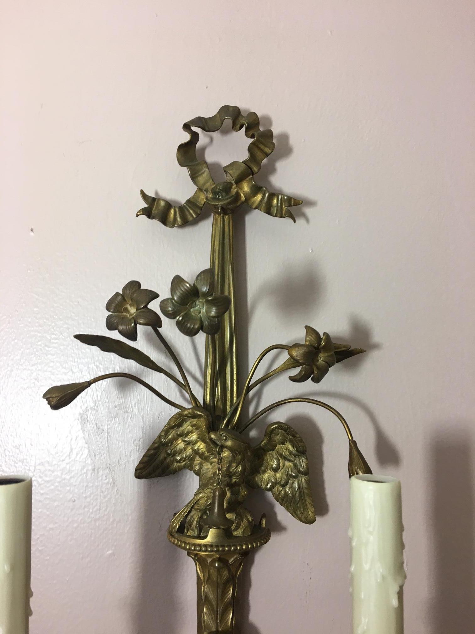 Pair of Two Light Bronze and Eagle Motif Sconces, Late 19th Century 1