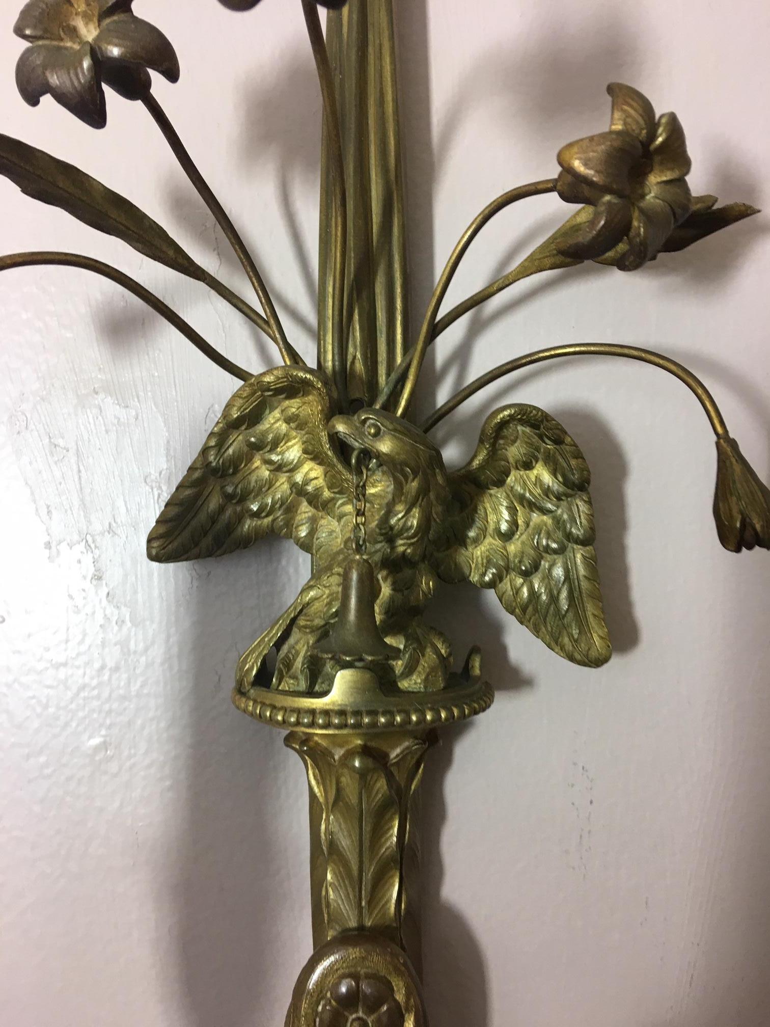 Pair of Two Light Bronze and Eagle Motif Sconces, Late 19th Century 2