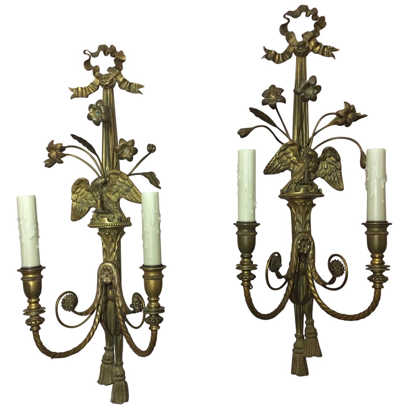 Pair of Two Light Bronze and Eagle Motif Sconces, Late 19th Century