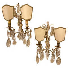 Vintage Pair of Two-Light Covered Mixed Crystal and Rock Crystal Bronze Wall Sconces