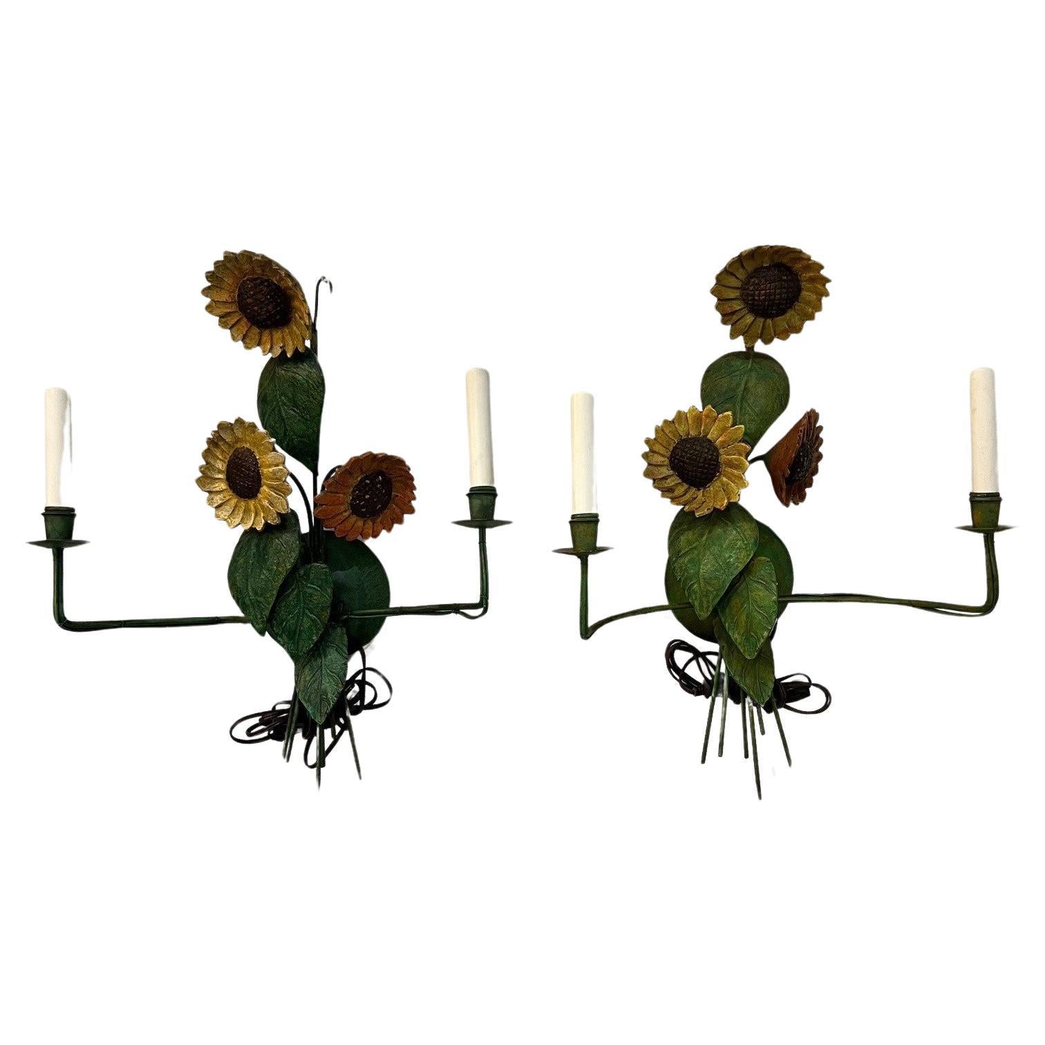Pair of Two Light Floral Sunflower Wall Sconces