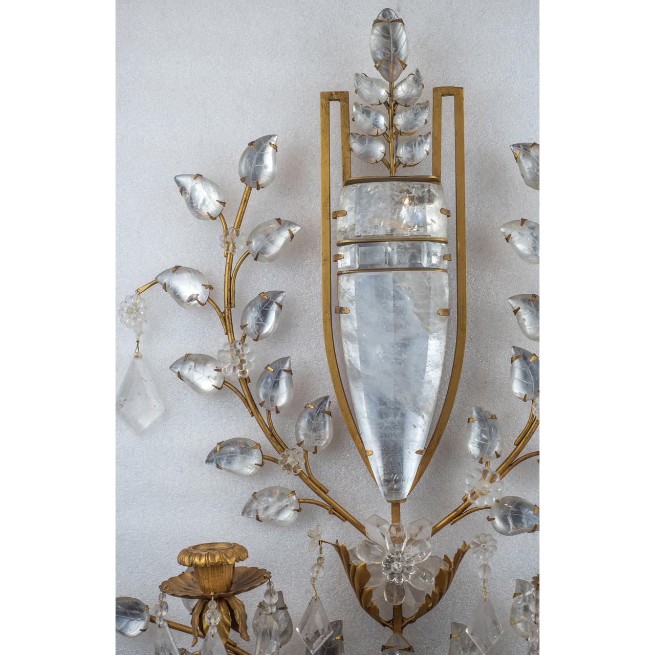 French Pair of Two-Light Gilt Bronze Carved Rock Crystal Wall Sconces