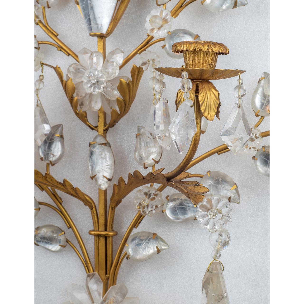 Pair of Two-Light Gilt Bronze Carved Rock Crystal Wall Sconces In Good Condition In New York, NY