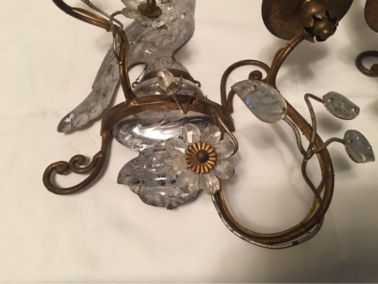 Pair of Two Light Crystal Parrot Sconces For Sale 6
