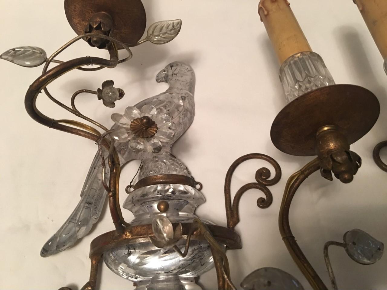 Pair of Two Light Crystal Parrot Sconces For Sale 7