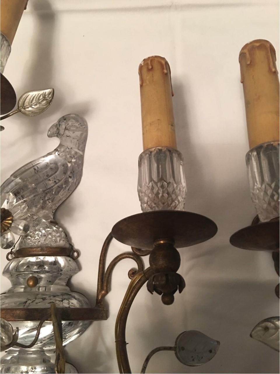 Pair of Two Light Crystal Parrot Sconces For Sale 8