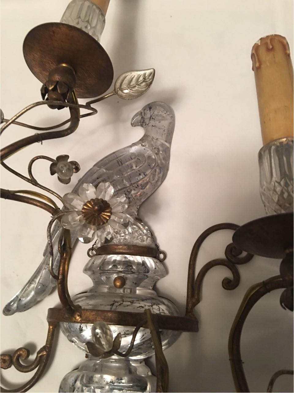 Pair of Two Light Crystal Parrot Sconces For Sale 9