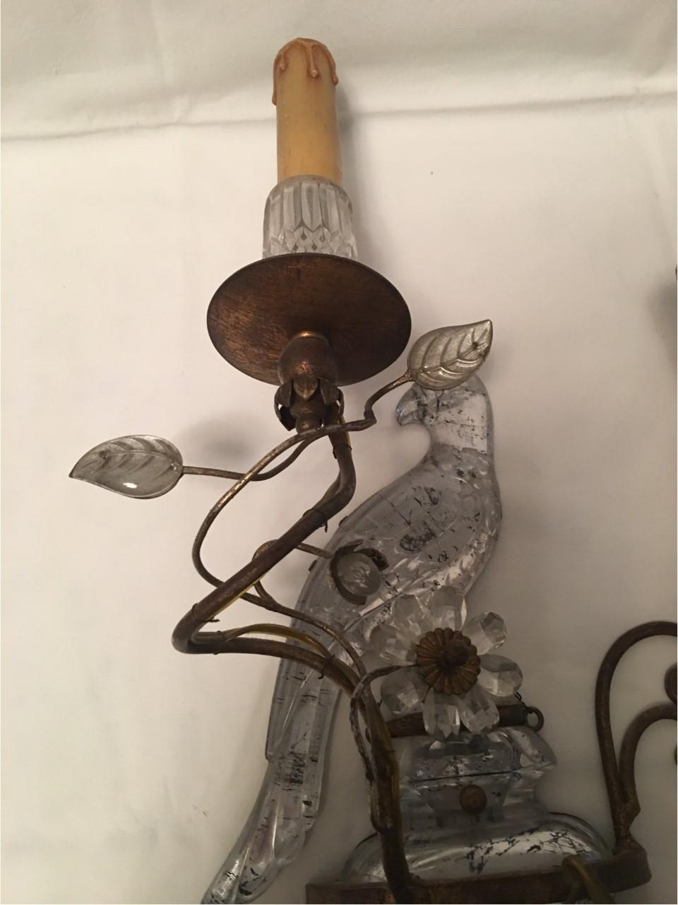 Pair of Two Light Crystal Parrot Sconces For Sale 10