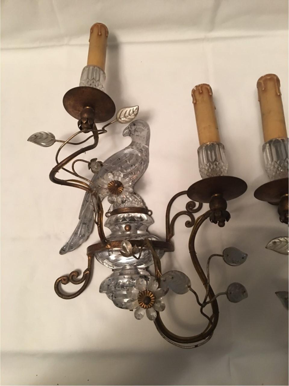 Mid-20th Century Pair of Two Light Crystal Parrot Sconces For Sale