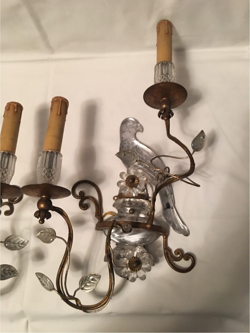 Paper Pair of Two Light Crystal Parrot Sconces For Sale