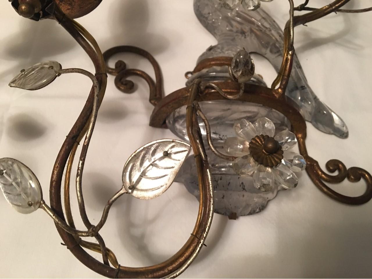 Pair of Two Light Crystal Parrot Sconces For Sale 1