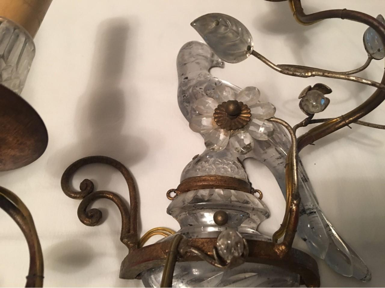 Pair of Two Light Crystal Parrot Sconces For Sale 2
