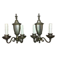 Pair of Two-Light Pewter Urn Back Sconces, 20th Century