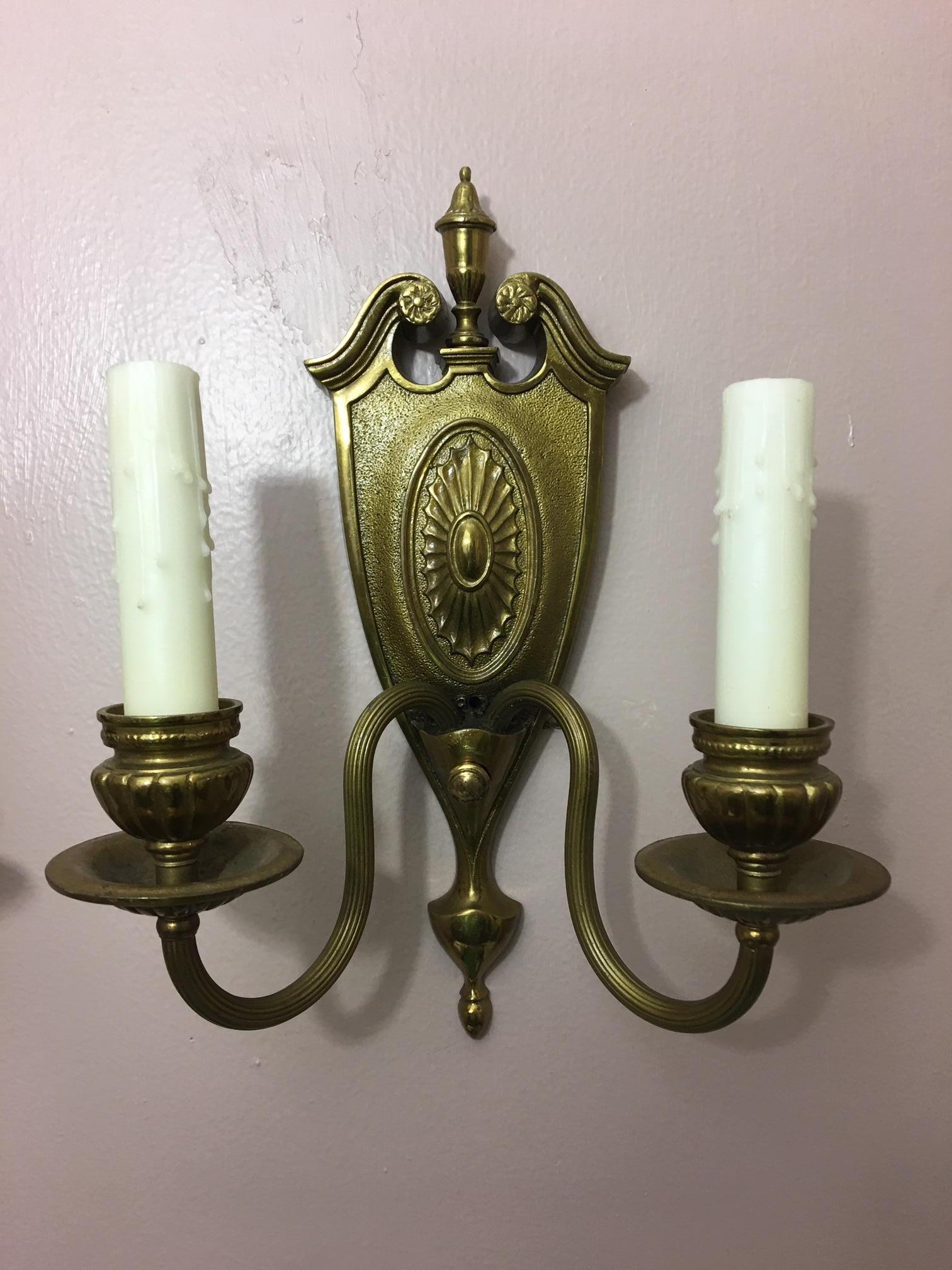 American Pair of Two-Light Shield Back Brass Sconces, 20th Century
