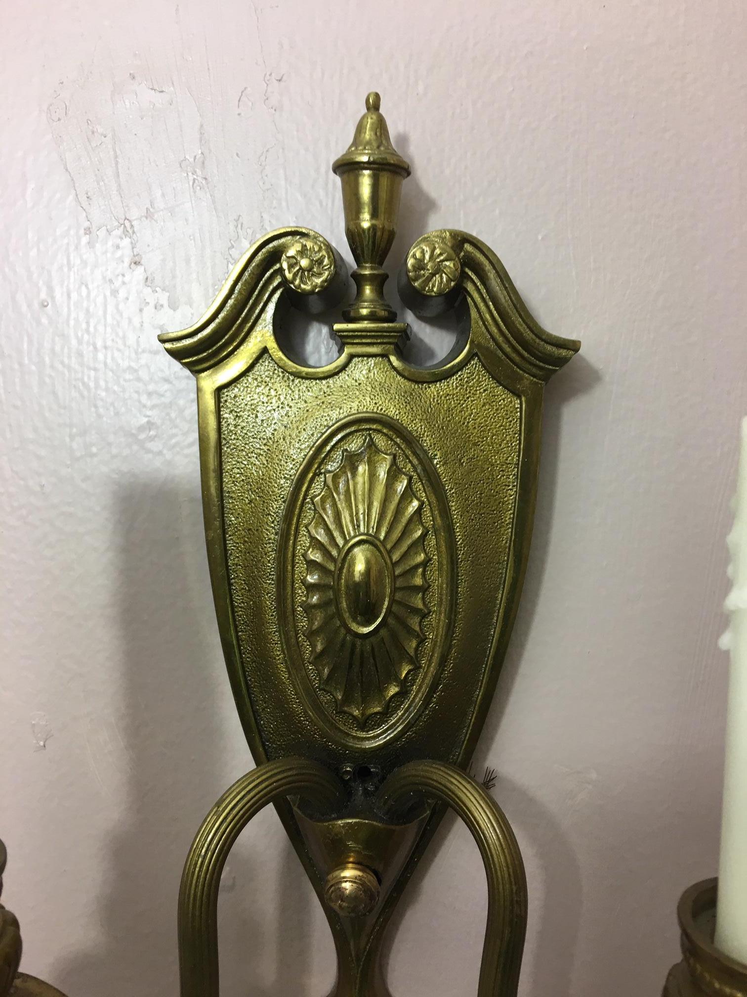 Pair of Two-Light Shield Back Brass Sconces, 20th Century In Good Condition In Savannah, GA