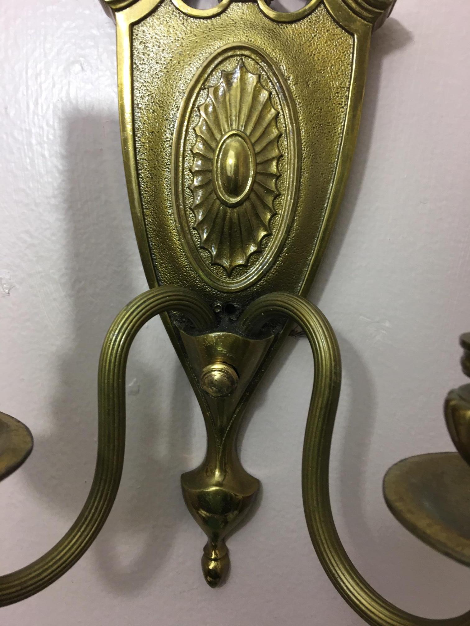 Pair of Two-Light Shield Back Brass Sconces, 20th Century 1