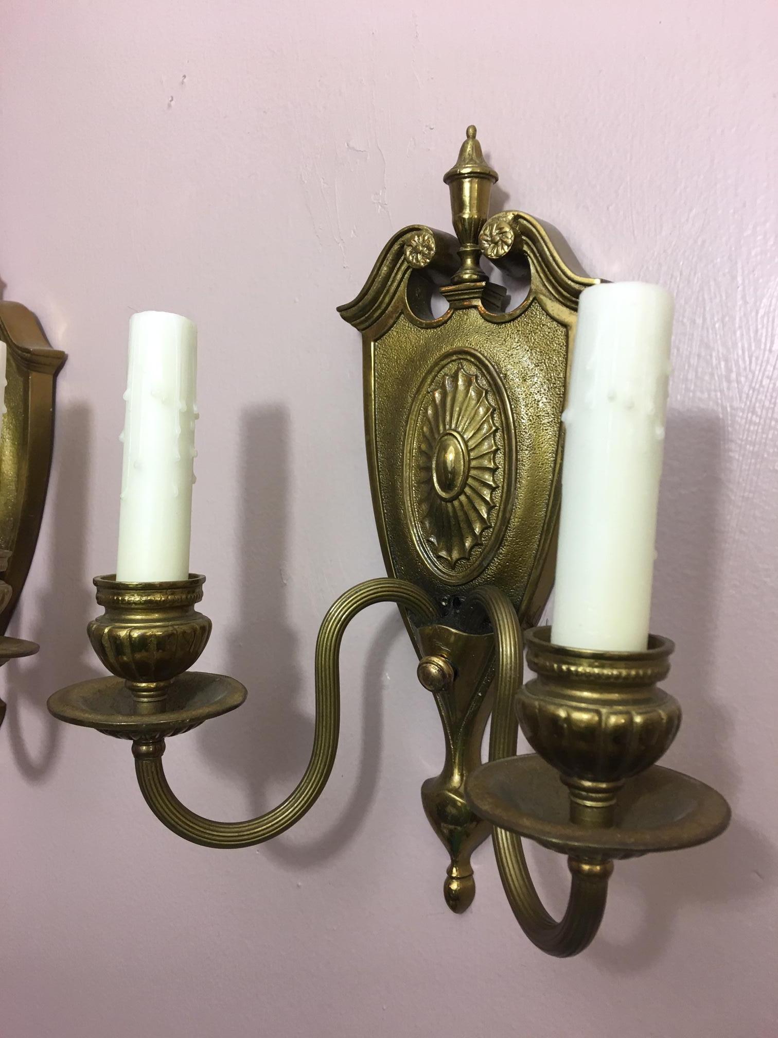 Pair of Two-Light Shield Back Brass Sconces, 20th Century 2