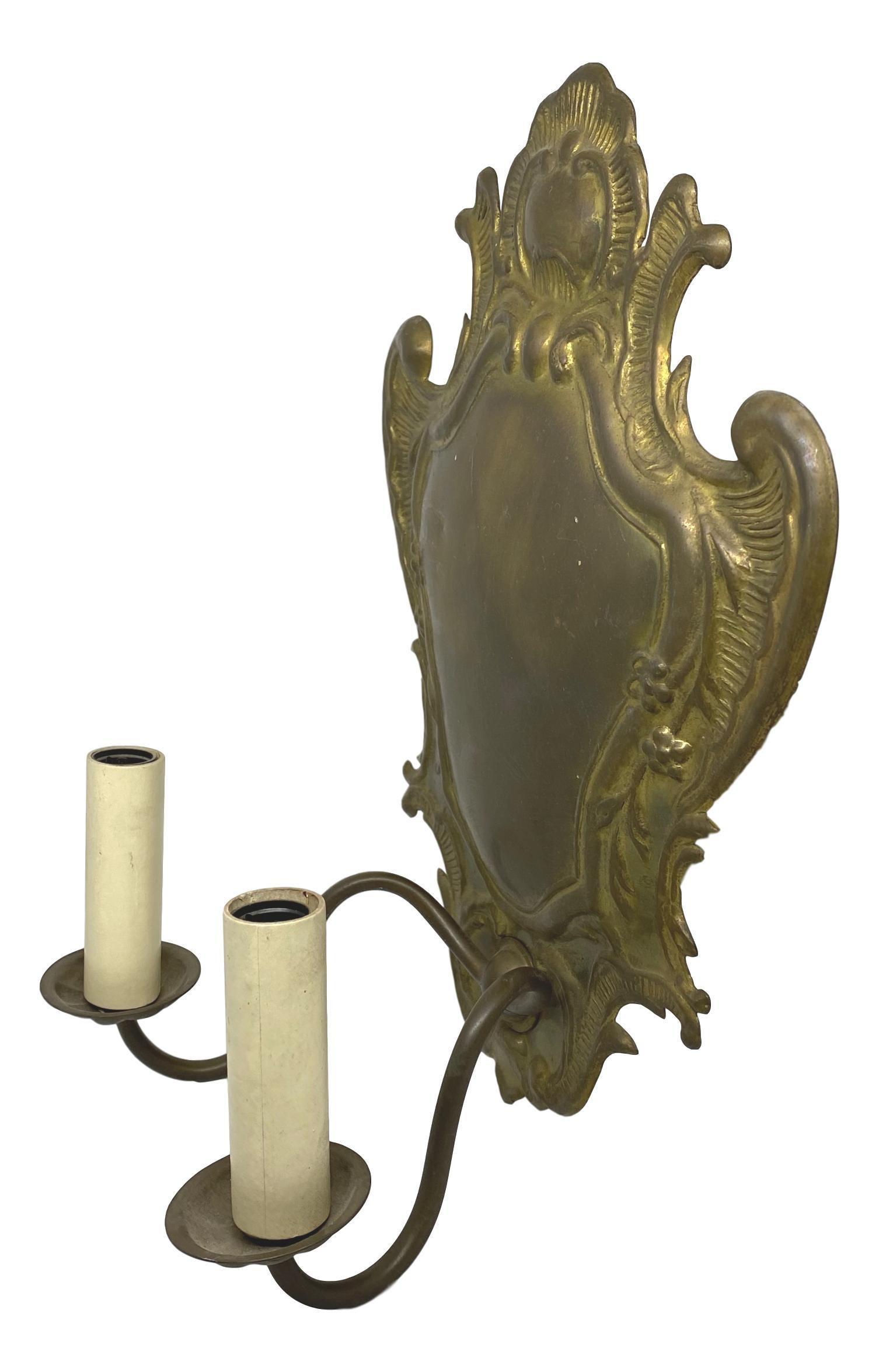 Mid-20th Century Pair of Two-Light Shield Back Brass Sconces Victorian Style, 20th Century For Sale