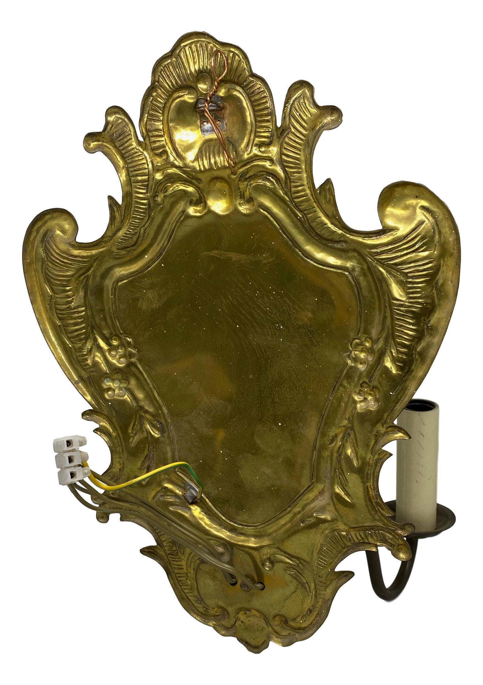 Pair of Two-Light Shield Back Brass Sconces Victorian Style, 20th Century For Sale 1