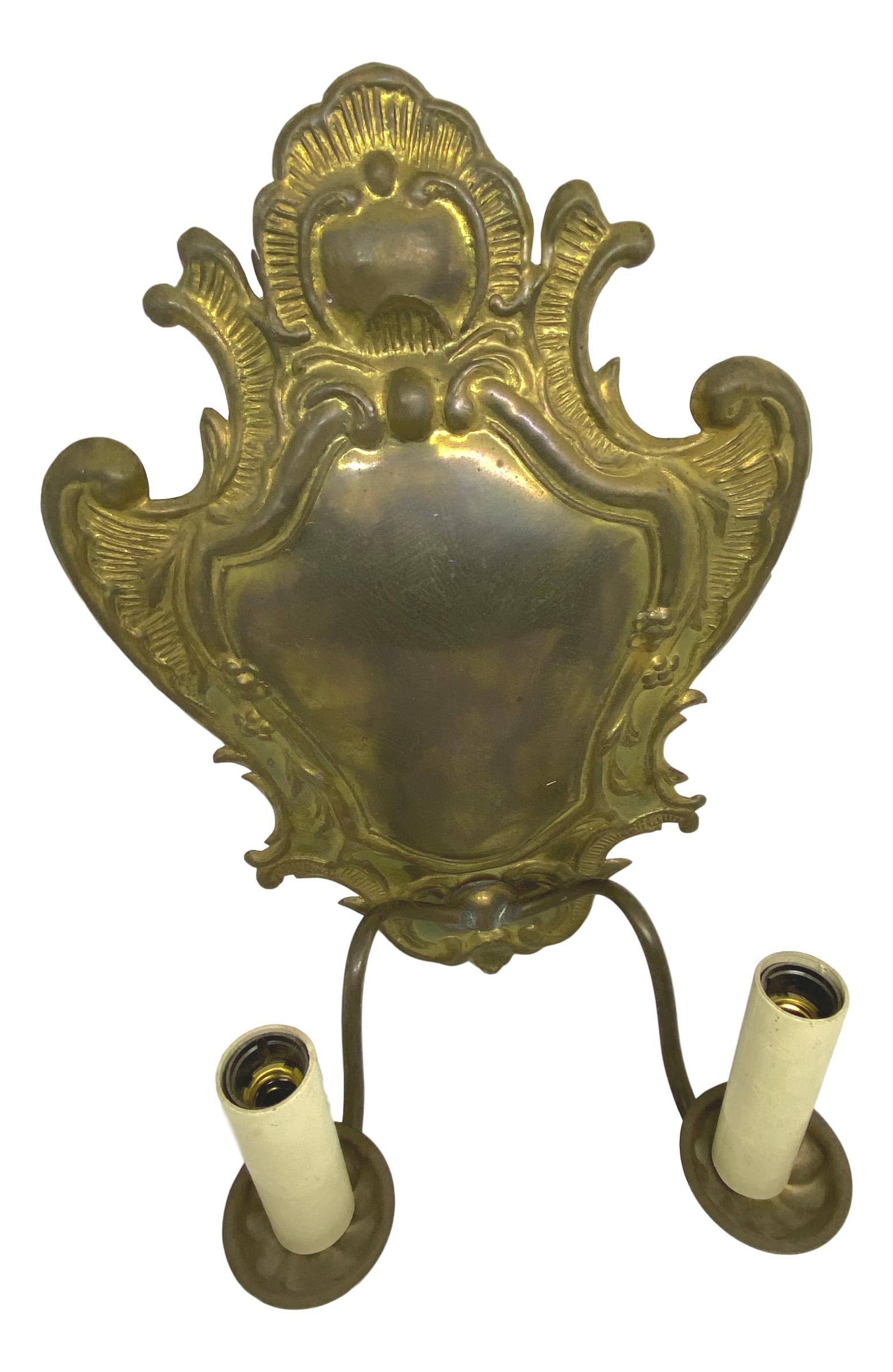 Pair of Two-Light Shield Back Brass Sconces Victorian Style, 20th Century For Sale 4