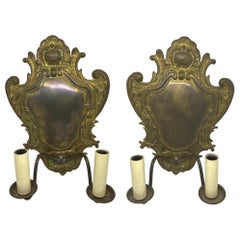 Pair of Two-Light Shield Back Brass Sconces Victorian Style, 20th Century