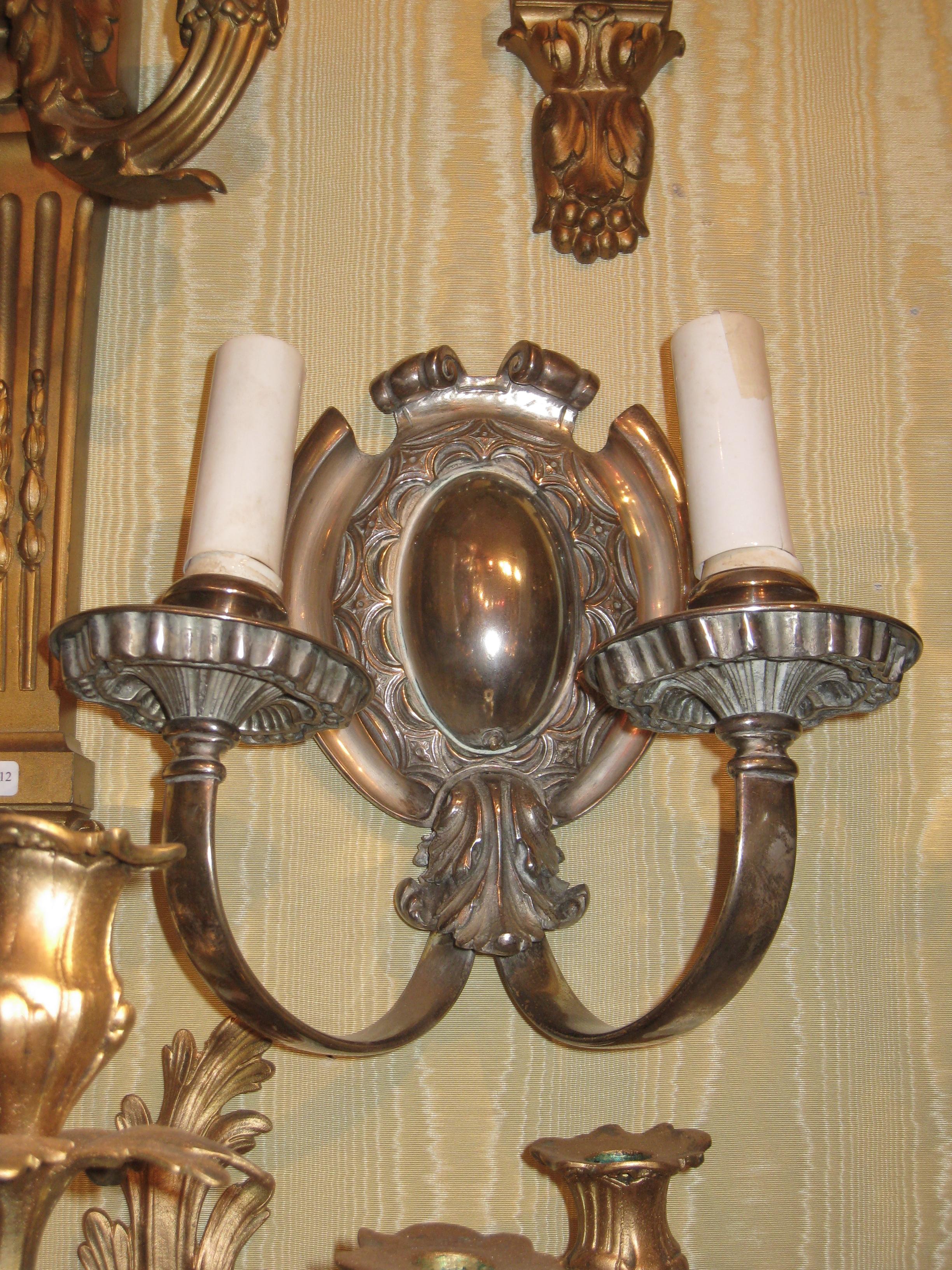 French Pair of Two-Light Silver Plated Wall Light Sconces For Sale
