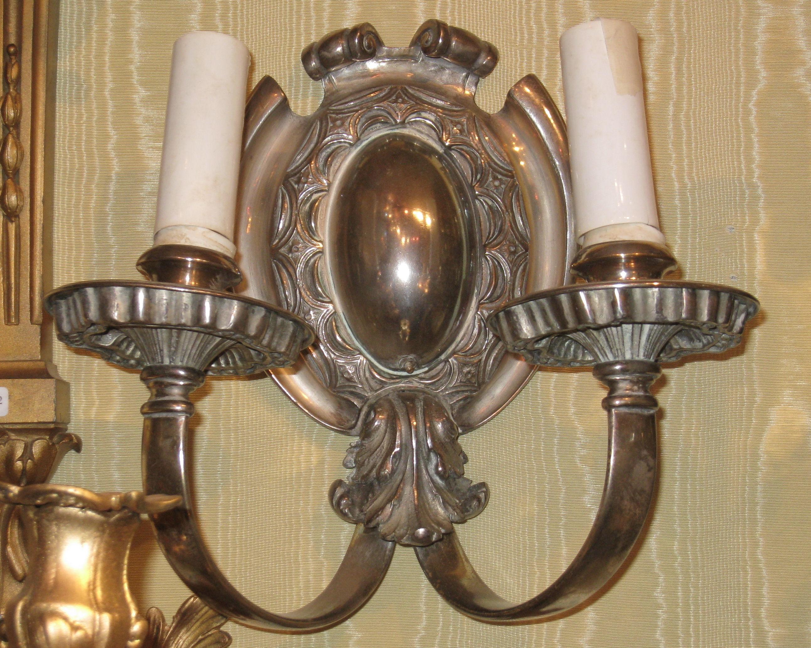 Silvered Pair of Two-Light Silver Plated Wall Light Sconces For Sale