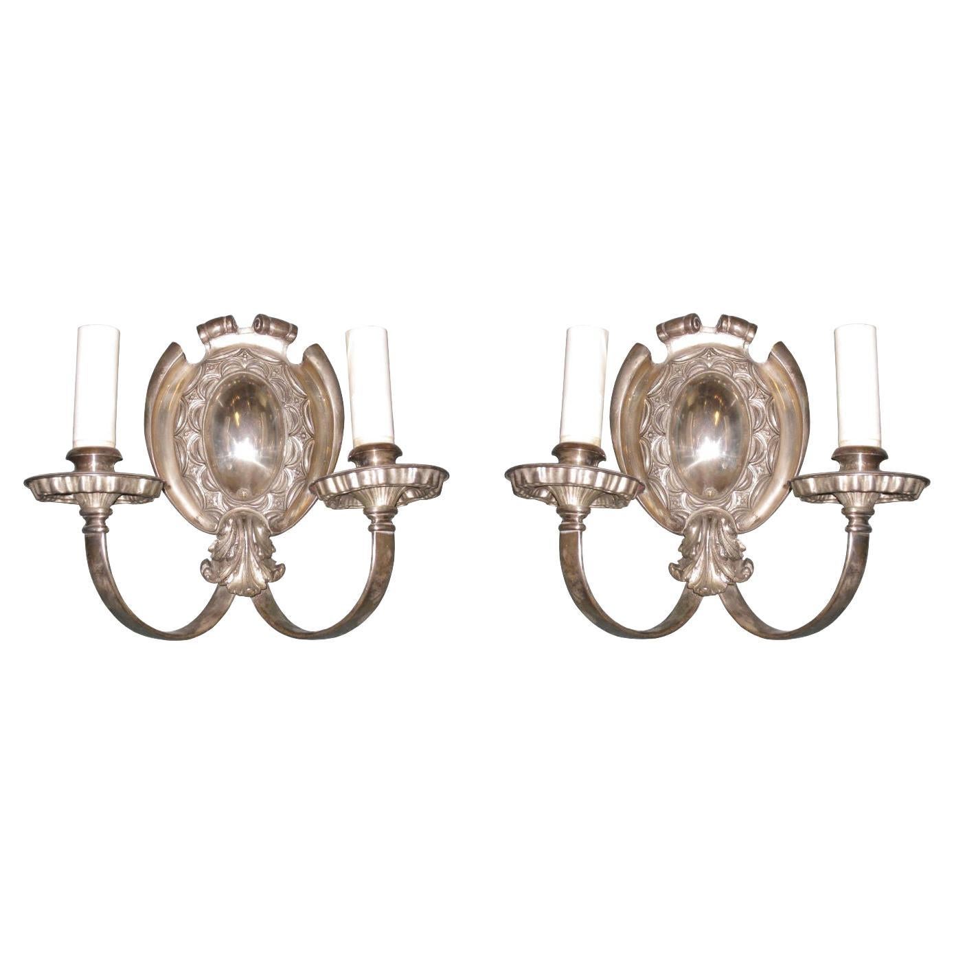 Pair silvered bronze 2-light wall lights (sconces) in the English Regency style