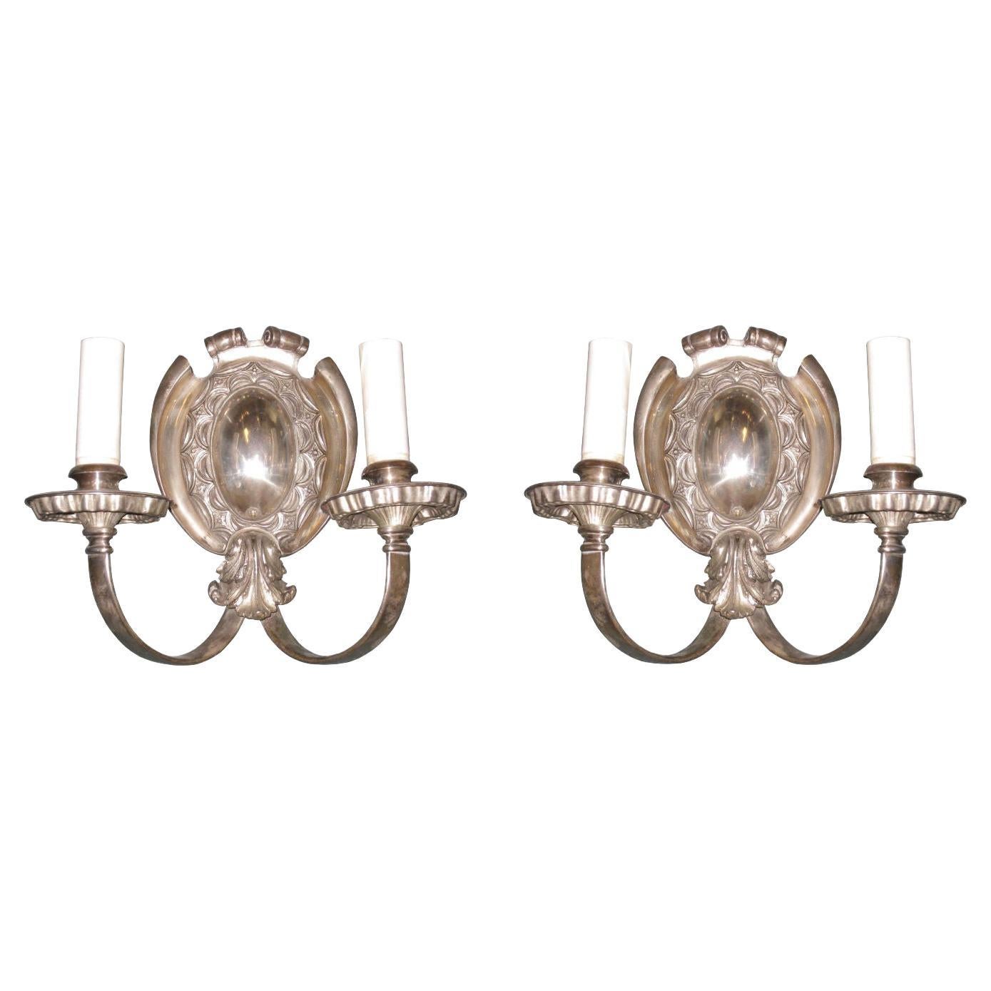 Pair of Two-Light Silver Plated Wall Light Sconces